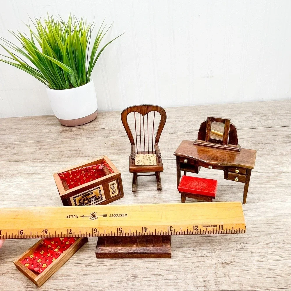 Miniature wooden dollhouse Vanity with Mirror & Stool, Chest, & Rocking Chair